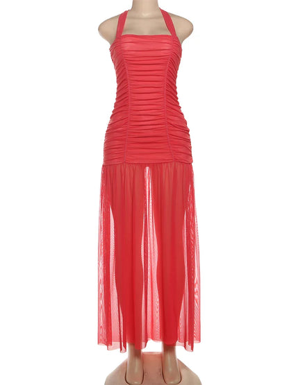 See Through Hem Dress Women Ruched Halter Summer Trend Sleeveless Backless Patchwork Midnight Clubwear Party Maxi Bodycon