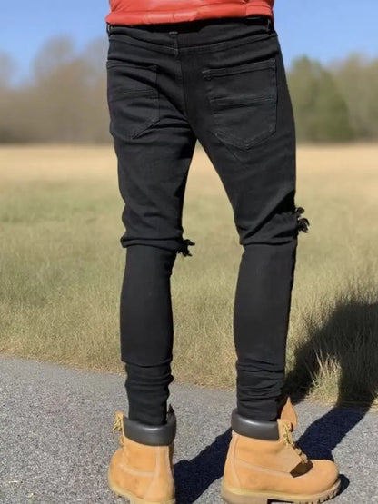Men's Black Ripped Skinny Jeans - Distressed Hip-Hop Street Style, Lightweight Slim-Fit Denim Pants