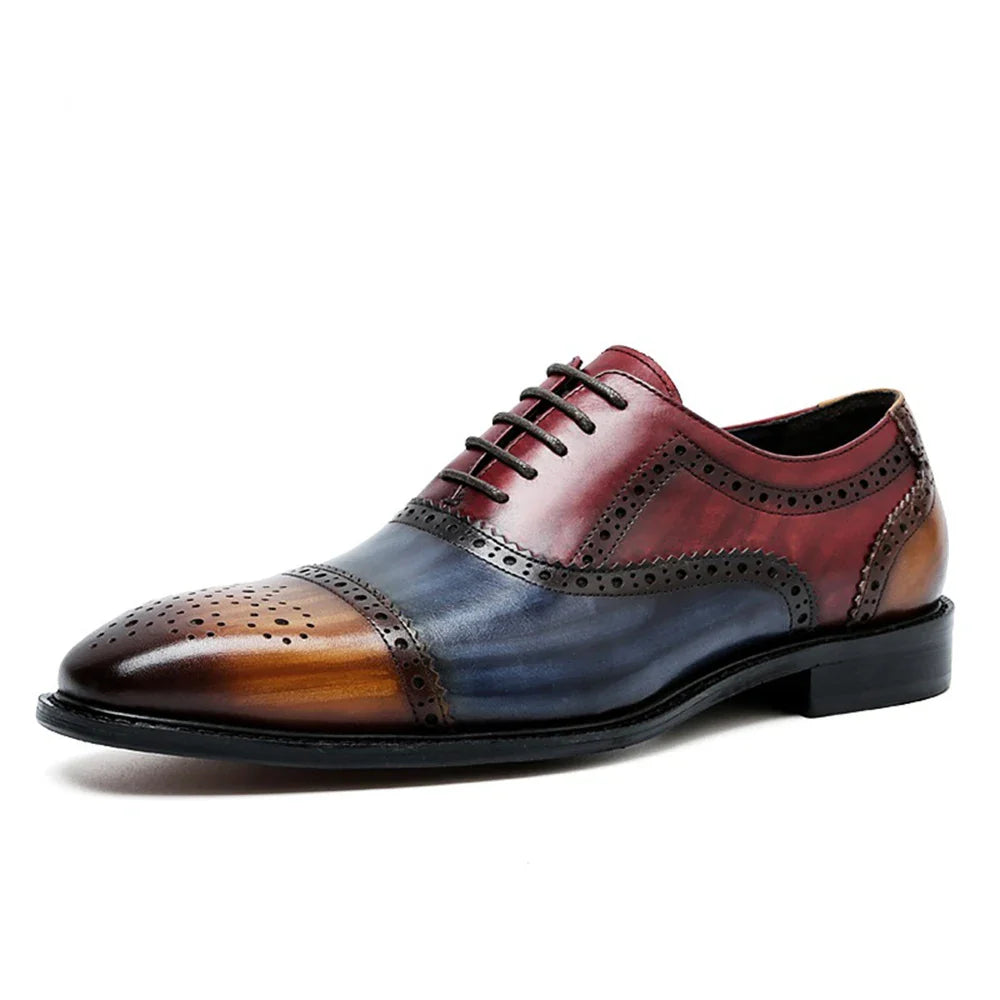 Color Block Genuine Leather Mens Formal Oxford Shoes Cap Toe Lace Up Brogue Business Party Elegant Gentleman Dress Shoes for Men