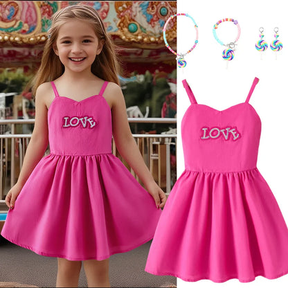 Vestido Estampado Coração de Menina de Verão, Saia Evasê Sem Mangas para Festa de Aniversário, Alcinha Ombro a Ombro, Roupa Diária ao Ar Livre 2-10T