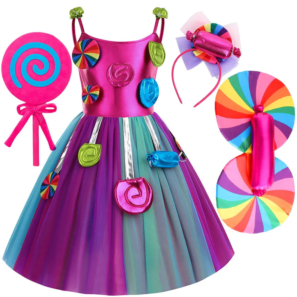 2026 New Candy Dress For Baby Girl Purim Carnival Birthday Costume Fancy Rainbow Short Sleeve Cute Dress + Accessories Set