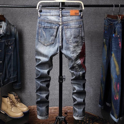 Spring and Autumn fashion trend printed straight-leg stretch denim jeans for men comfortable casual sports high-quality jeans