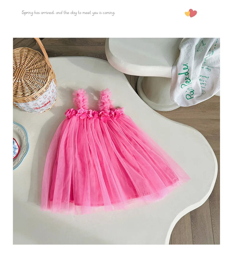 1-6 Y Girls Dresses  3D Flower A Line Dress for Girls Sleeveless Camisole Mesh Dress
