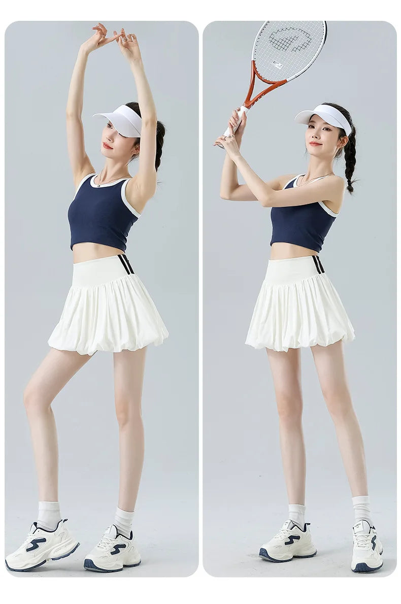 Women Summer Tennis Skirt High Waist Flared Flounce Skirt 2 in 1 with Shorts Anti-Exposure Athletic Pleated Golf Skirt Workout