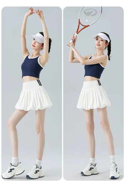 Women Summer Tennis Skirt High Waist Flared Flounce Skirt 2 in 1 with Shorts Anti-Exposure Athletic Pleated Golf Skirt Workout
