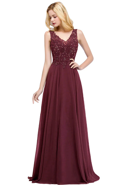 BABYONLINE V-Neckline Lace Pearls Beadings Stones Bodice Prom Dress Sexy Open Back Chiffon A-line Skirt Formal Formal Ball Gown