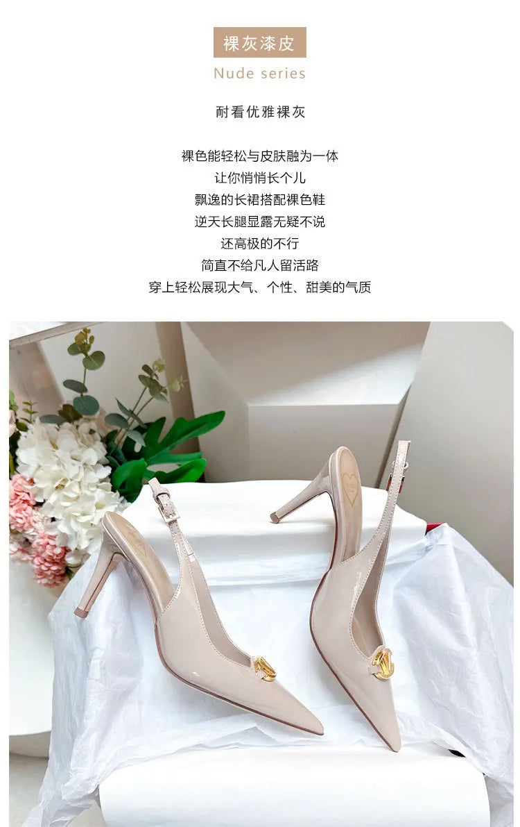 Thin heeled Baotou sandals for women's summer 2026 new style, pointed back strap, metal buckle, versatile high-heeled sandals