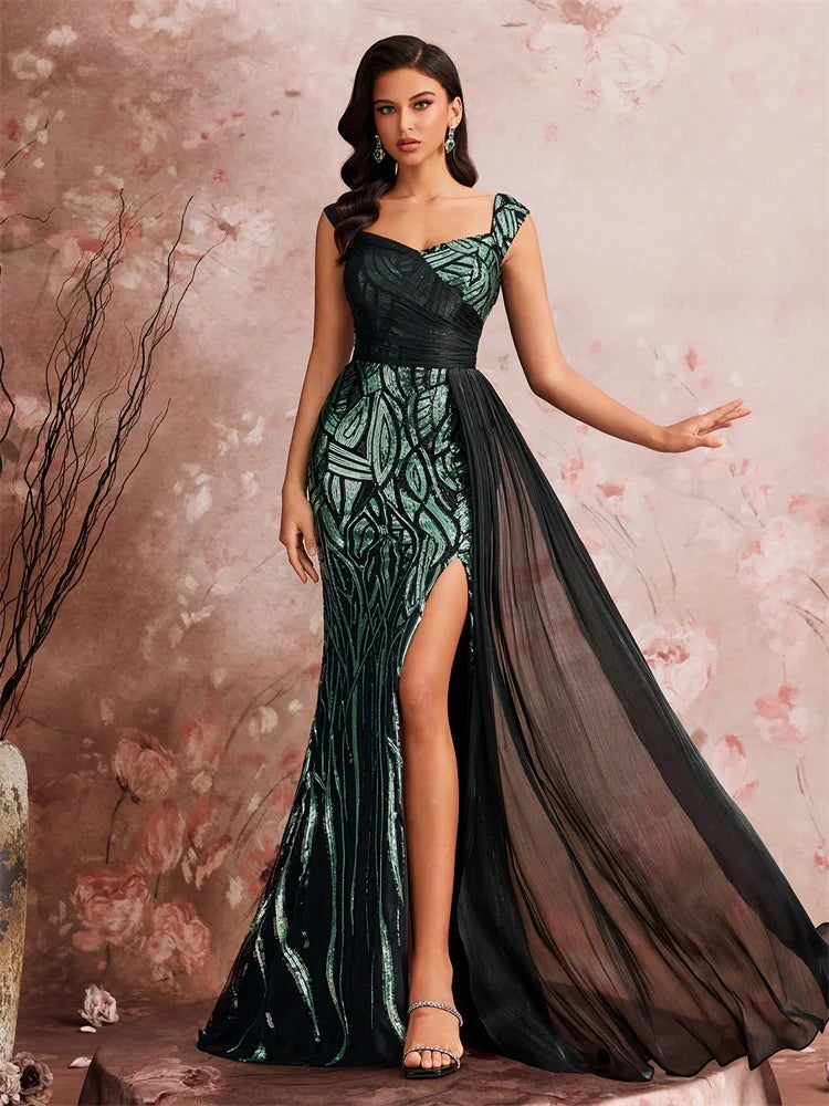 Elegant Splice Sequins Slit Evening Dresses Women Sleeveless Mermaid Formal Luxury Party Streamer Cocktail Gowns