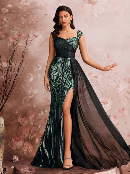 Elegant Splice Sequins Slit Evening Dresses Women Sleeveless Mermaid Formal Luxury Party Streamer Cocktail Gowns