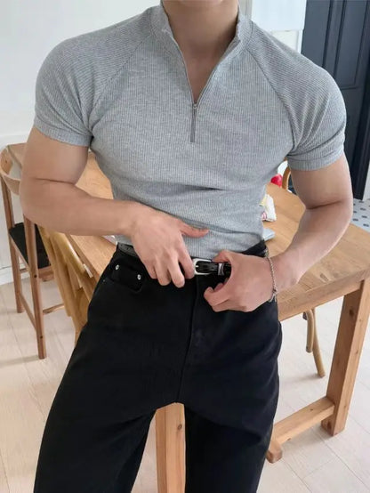 Summer New Men's Sportswear Casual Running And Fitness Stretch Solid Color Zipper Simple Striped Thick Short-sleeved T-shirt