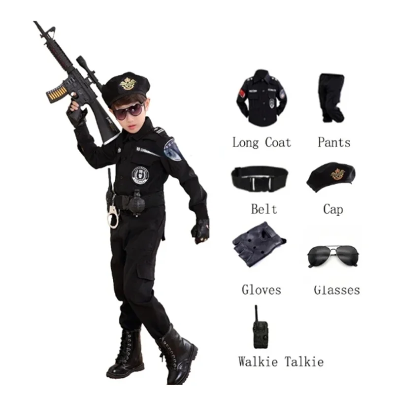 Children Halloween Policeman Cosplay Costumes Kids Carnival Police Uniform 110-160cm Boys Army Policemen Soldier 7 Pcs/Sets