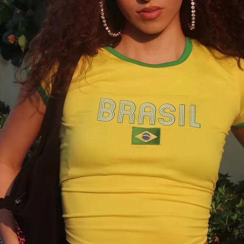 PORTUGAL Cute 2000s Aesthetics Letter Print Blue Baby Tees Y2K Streetwear O-neck Short Sleeve Crop Tops Women Fashion 2023 Slim