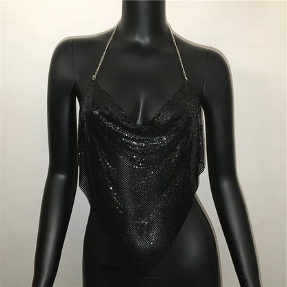Shiny Metal Sequins Tank Tops For Women Sexy Backless V Neck Adjustable Chain Crop Top Lady Festival Rave Party Club Camisole