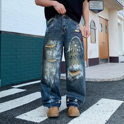 New street graffiti ripped painted jeans for men, straight-leg, loose, wide-leg, trendy brand, stylish high-end