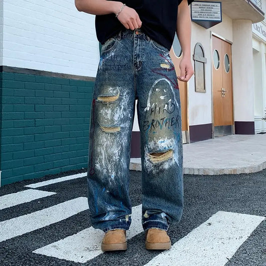 New street graffiti ripped painted jeans for men, straight-leg, loose, wide-leg, trendy brand, stylish high-end