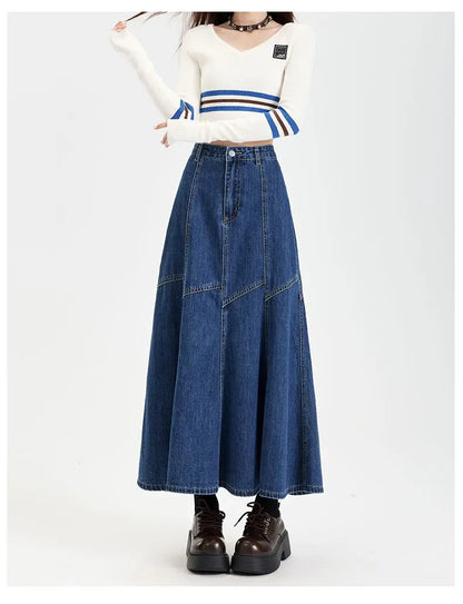 Women Blue A-line Denim Skirt Vintage Aesthetic Y2k Patchwork New Jean Skirt Harajuku Korean Cowboy Skirts 2000s Clothes Summer