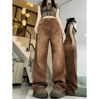 Calça Jeans Marrom Retrô Feminina de Cintura Alta Reta Solta com Perna Larga, Versão Coreana, Modelo Niche, Nova Coleção Inverno