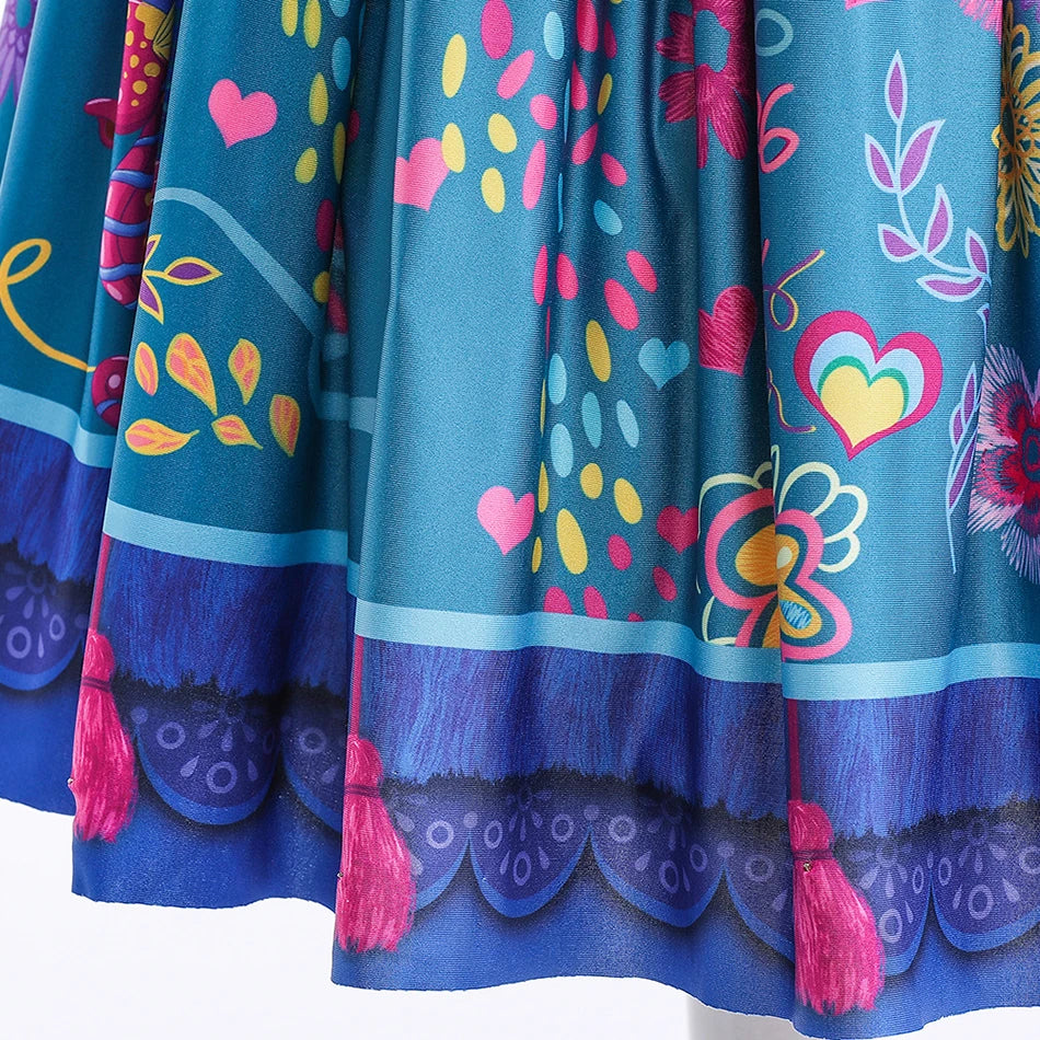 Fantasia Infantil de Princesa para Meninas Encanto Halloween Roupa Rodada Estampada Mirabel Desenho Animado Vestido Cosplay para Crianças 3-12 Anos