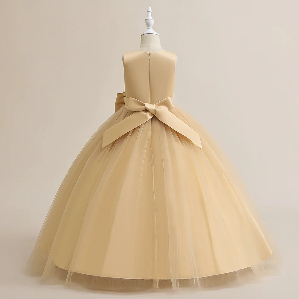 Elegant Party Bridesmaids Girls Dresses Summer Bow Flower Wedding Princess Prom Dress for Girl Tulle Evening Christmas Costumes