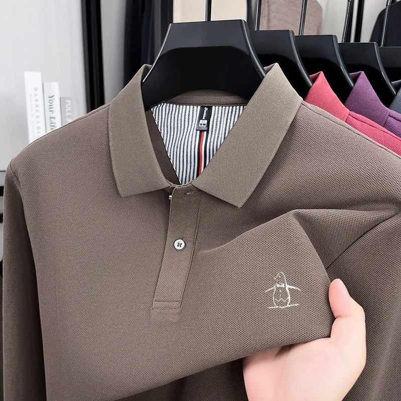 100% High-quality Cotton Latest Men's Polo Long Sleeve Autumn Spring Warm Fashionable Business Casual Cozy Delicate Embossed Top
