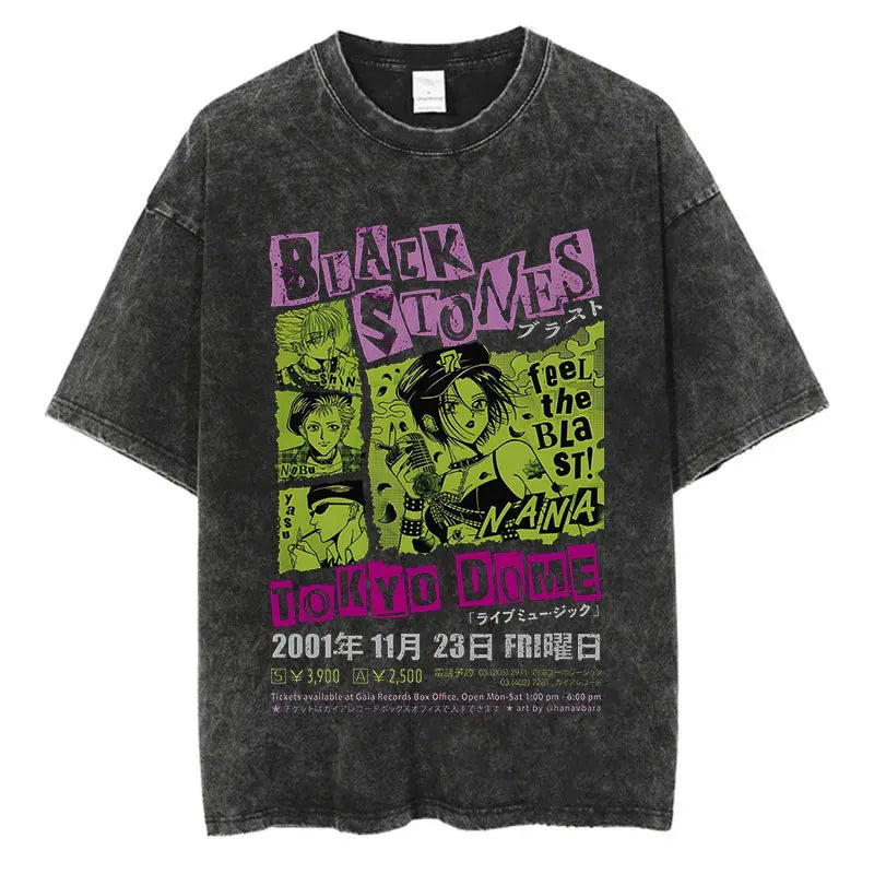Japanese Anime Nana Osaki Print Vintage Washed Tshirt Harajuku Streetwear Graphic T-Shirt Summer Short Sleeve Cotton Tshirt