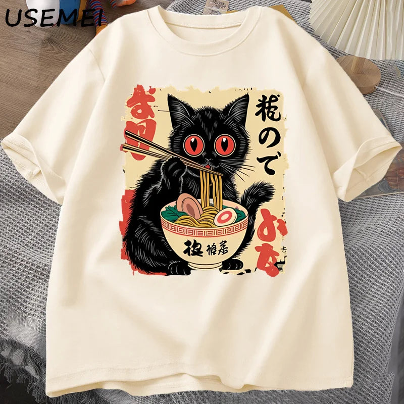 Vintage Japanese Black Cat Ramen T Shirts Cute Graphic Tee Funny Cat Eating Ramen T-Shirt Printing Cotton Short Sleeve Vintage