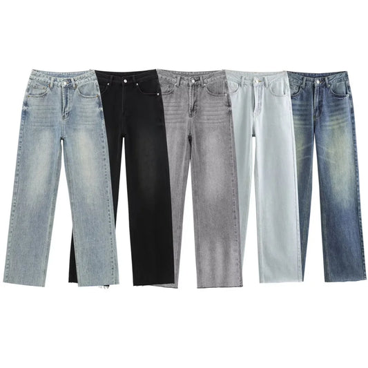 ETJ Wide-leg high-waisted jeans  women's classic everything with five pockets washed soft comfortable ultra-long jeans6045022
