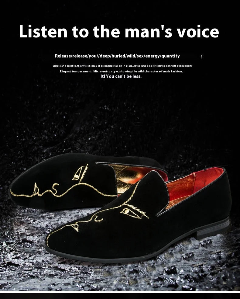 Frosted embroidered beanie shoes men's leather Korean version all match pointed leather shoes men's personality casual shoes