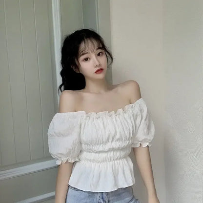 Short Chiffon Shirt Square Neck Top Puff Sleeve Design Women's Short Sleeve Thin Shirt  Womens Blouses Wholesale