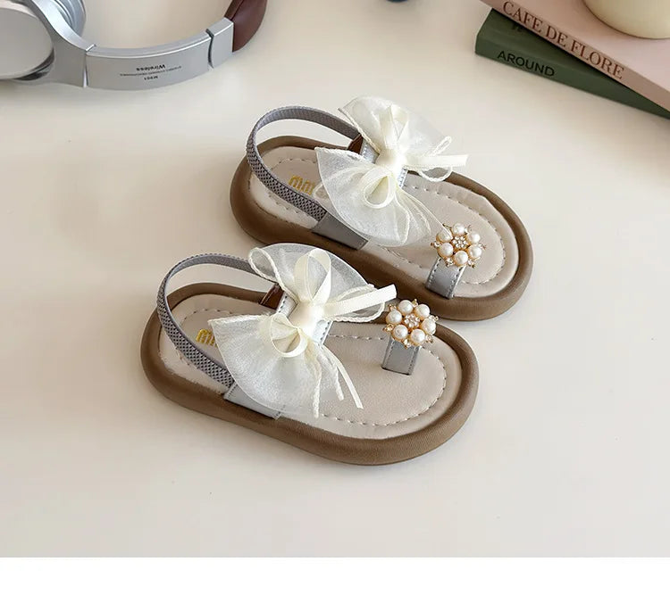 Brand Designer Ribbons Sandals for Girls Beaded Flip Flop Evening Party Dress Shoes Tulle Bow-tie Child Shoes Girl Sandal I06034