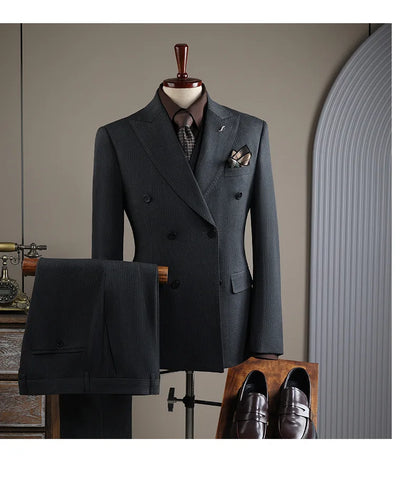Terno Masculino de Alta Qualidade Formal Social Slim Fit Abotoamento Duplo Listrado Conjunto de Terno Noivo Casamento Roupa de Festa Smoking Roupa Masculina