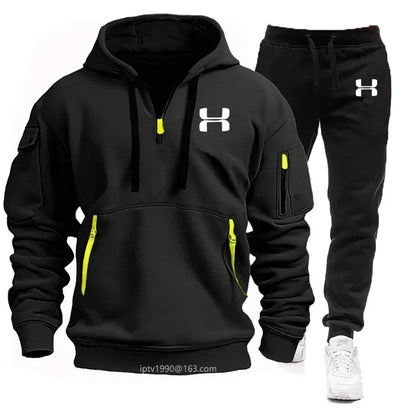 Men new autumn and winter multi-pocket zipper long-sleeved hoodie + sports and leisure pants two-piece fitness jogging suit