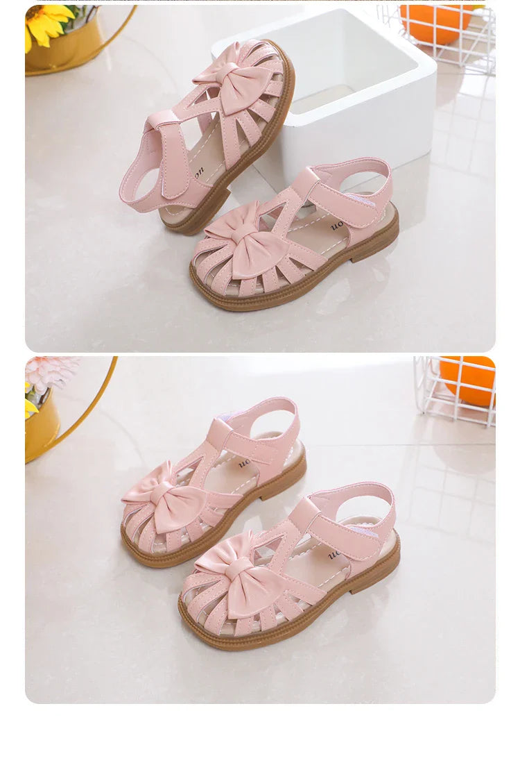 Cute Girls Sandals Bow Peep-toe 2023 New Soft Hook & Loop Beige Kids Princess Shoes Casual Shoes PU Cute Children Shoes Non-slip