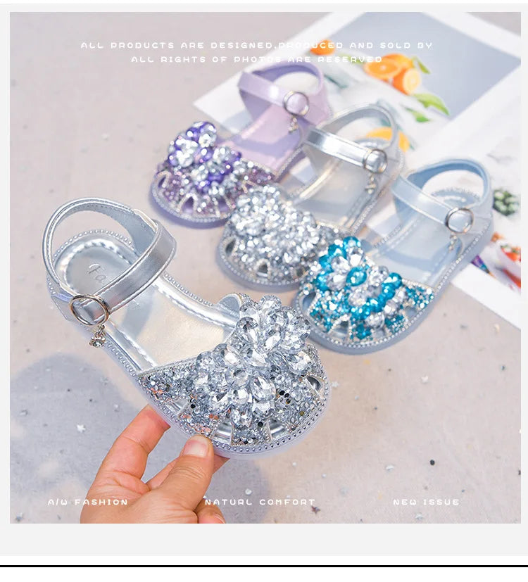 Girls Crystal Slip-On Shoes Soft Bottom Rhinestone Princess Flats Spring Autumn New Style Kids Lightweight Sweet Leather Shoes