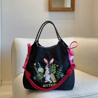 New Japanese-Style Embroidered Shopping Bag Rabbit Flower Women's Shoulder Bag Large Capacity Tote Bag Lightweight Foldable Storage Suitable for Commuting Travel Leisure Holiday Party Ethnic Style