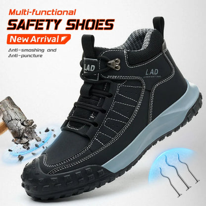 Men's four season work shoes with high top, comfortable soft sole, anti smashing steel toe safety shoes