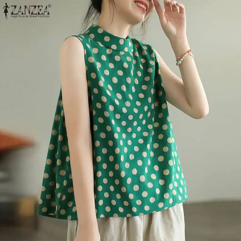 Women Dots Tank Tops 2024 Summer Sleeveless Camis Blouse Korean Fashion Round Neck Shirt Casual Loose Round Neck Tunics
