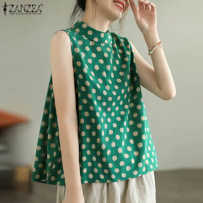 Women Dots Tank Tops 2024 Summer Sleeveless Camis Blouse Korean Fashion Round Neck Shirt Casual Loose Round Neck Tunics