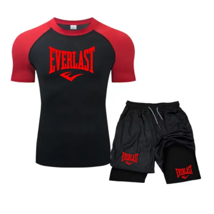 Men's Compress Shirt + 2-in-1 sports shorts 2pcs Set Leisure Breath Short Sleeve Sport Jogging Gym Brand Print Clothing
