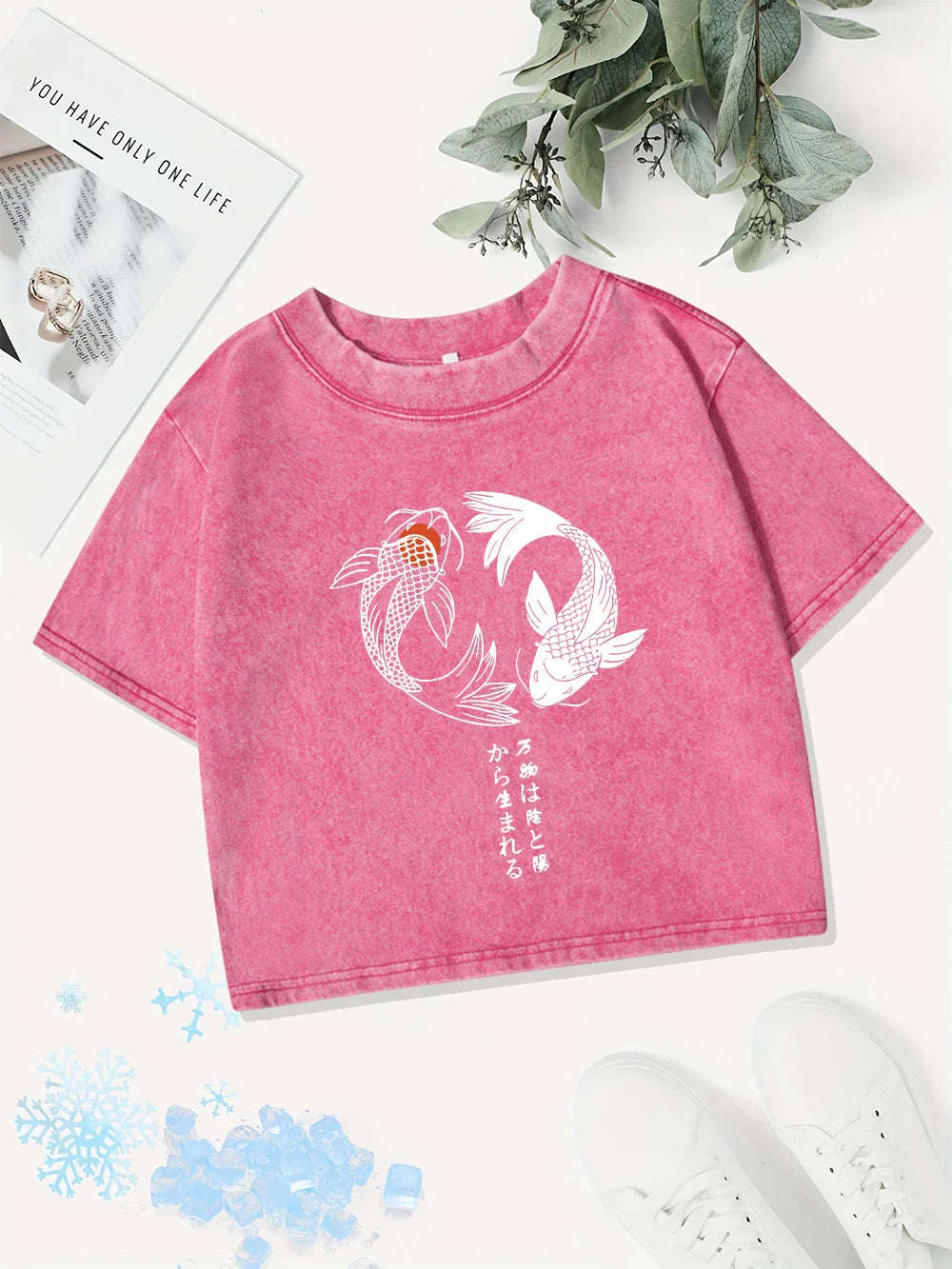 Casual Cotton Crop Tops Womens Japanese Koi Harajuku Prints Washed T-Shirts Street O-Neck Regular Fit Streetwear Sexy Clothes
