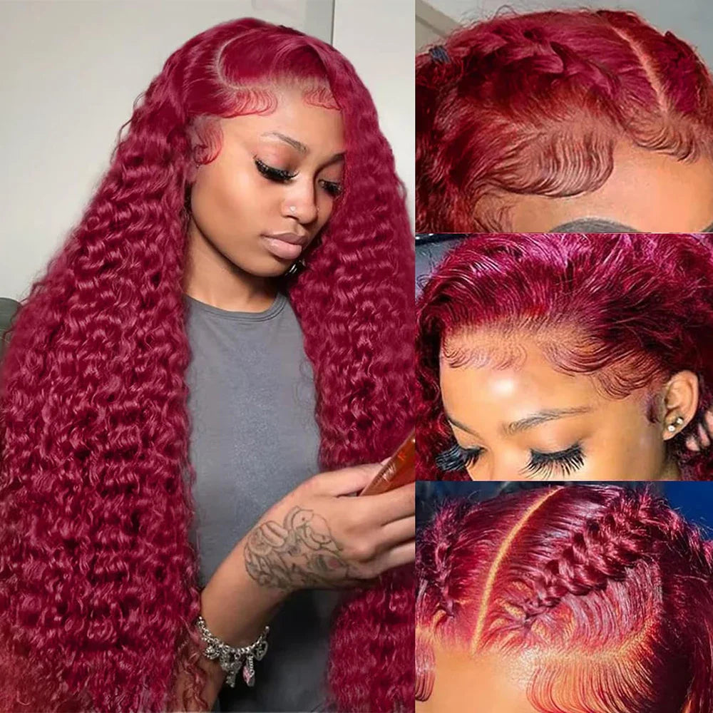 99J Burgundy Lace Front Wigs Human Hair 13x6 Deep Wave HD Lace Frontal Wigs Pre Plucked Human Hair Curly Wigs for Women 36 Inch