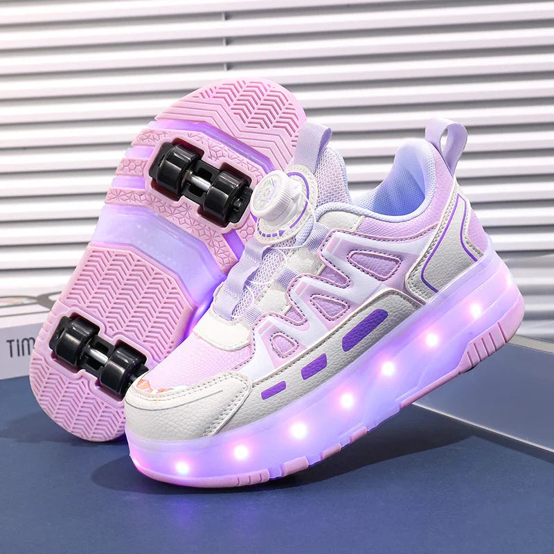 Boys Girls Roller Shoes Pink Blue Four Wheels Luminous Glowing Kids Outdoor Sport Casual Shoes USB Children Led Sneakers Shoes