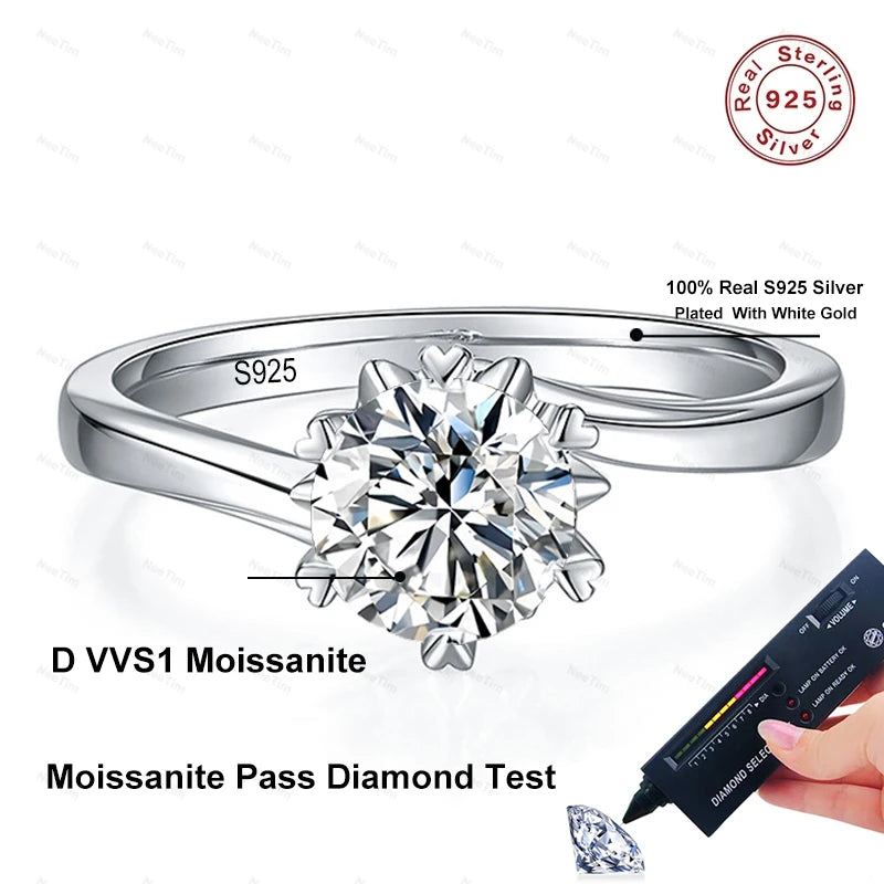 0.5ct-2ct Moissanite Ring Lab Diamond Ring for Women S925 Silver Snowflake Engagement Wedding Band Jewelry Certified