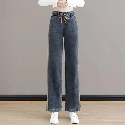Women Elastic High Waist Wide Leg Denim Pants