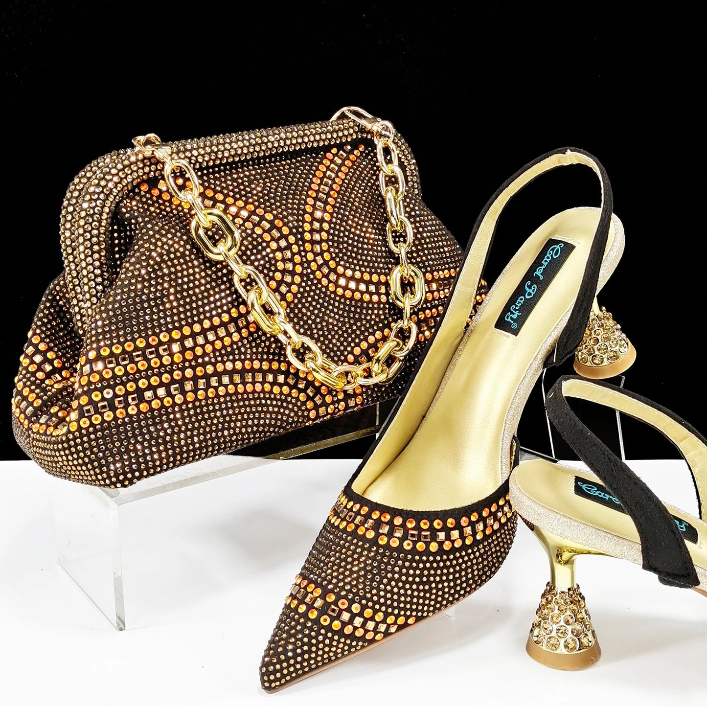 Italian Pumps and Bag To Party 2024 INS Style Pointed-Toe Rhinestone Elegant High Heels Champagne Wedge for Women