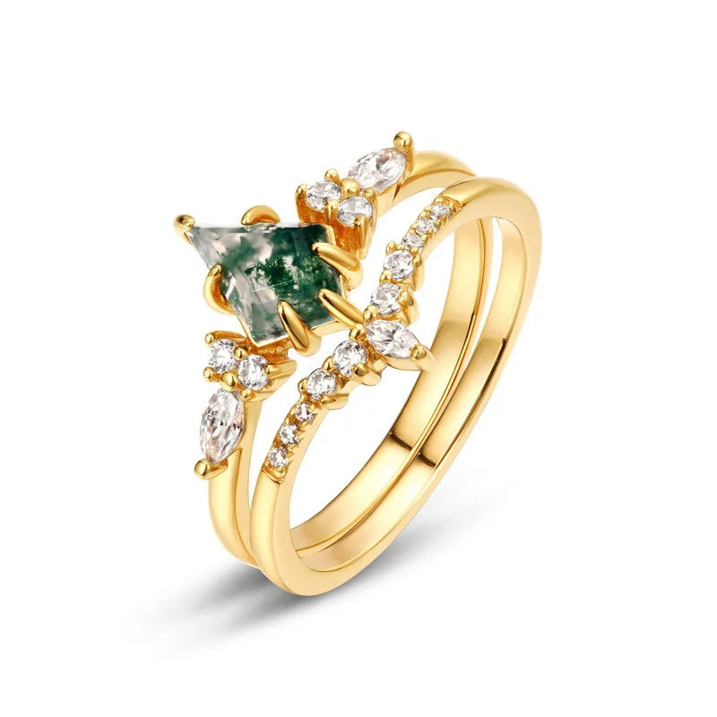 New 6*9mm Moss Agate Ring Set for Women 10k Plated Green Moss Stone Band Wedding Party 100% Real 925 Silver Fine Jewelry