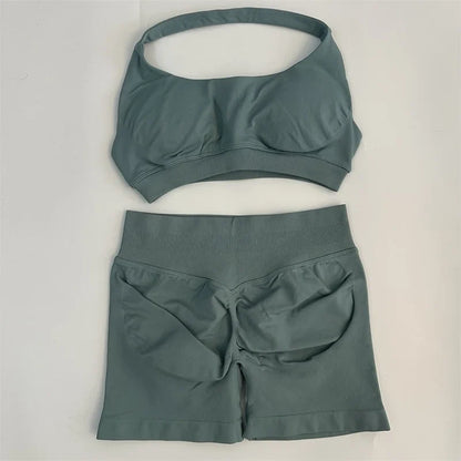 Yoga Shorts Set Seamless Yoga Set Workout Scrunch Shorts Sets Halter Sports Bra Scrunch Shorts Fitness Clothes Gym Suit