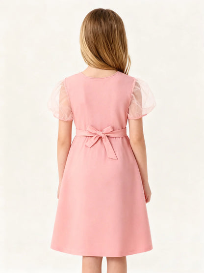 Girls' Summer French V-Neck Sweet Princess Dress Fitted Slimming Tulle Sleeveless Dress