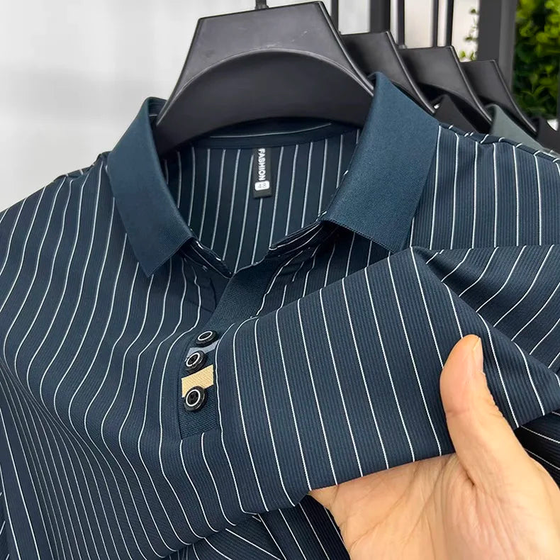 Brand striped design men's short sleeve fashionable polo shirt 2024 summer new cool and breathable casual lapel golf T-shirt