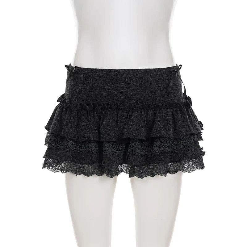 Sweet Cute Lace Fluffy Cake Skirt Korean Casual Elastic Low Waist Mini Skirt Y2K Women Clothing Summer Harajuku 2026